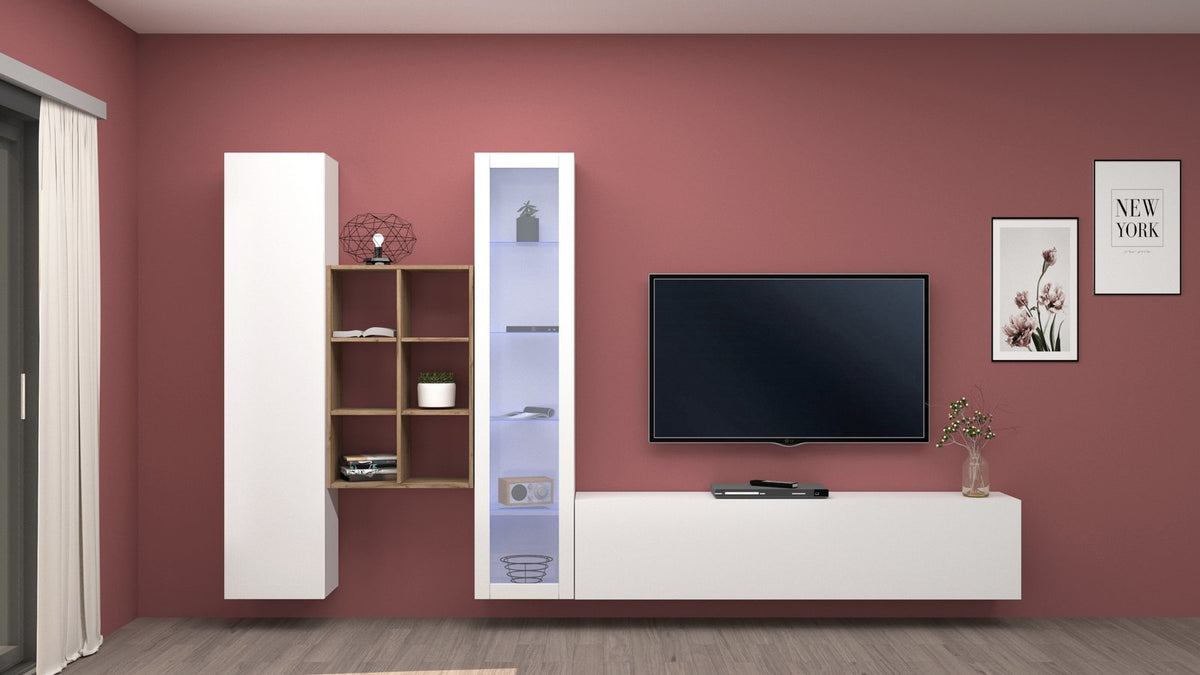 Parete attrezzata ECHO bianco lucido in soggiorno con vetrina illuminata, vista frontale #colore_Bianco Lucido