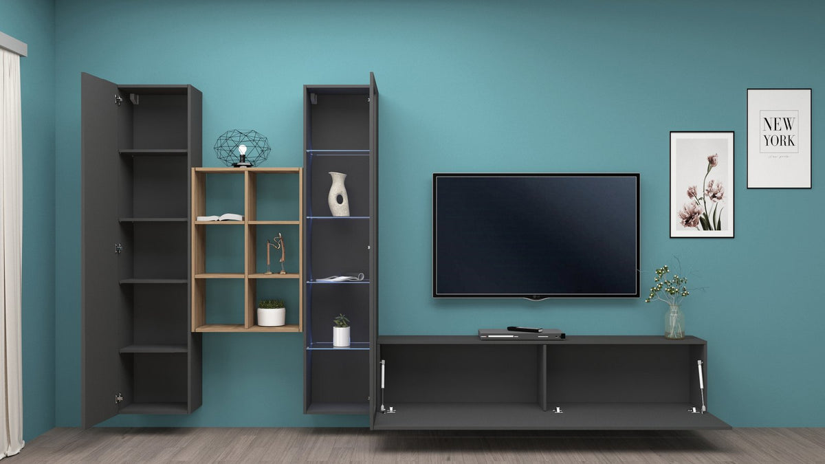 Parete attrezzata ECHO antracite opaco su parete turchese con colonne illuminate e TV #colore_Antracite Opaco