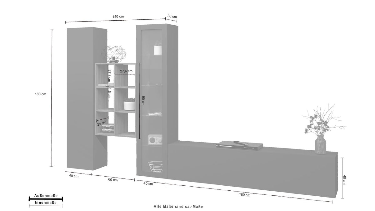 Disegno quotato della parete attrezzata ECHO antracite opaco: colonna 140 cm, base 180 cm #colore_Antracite Opaco