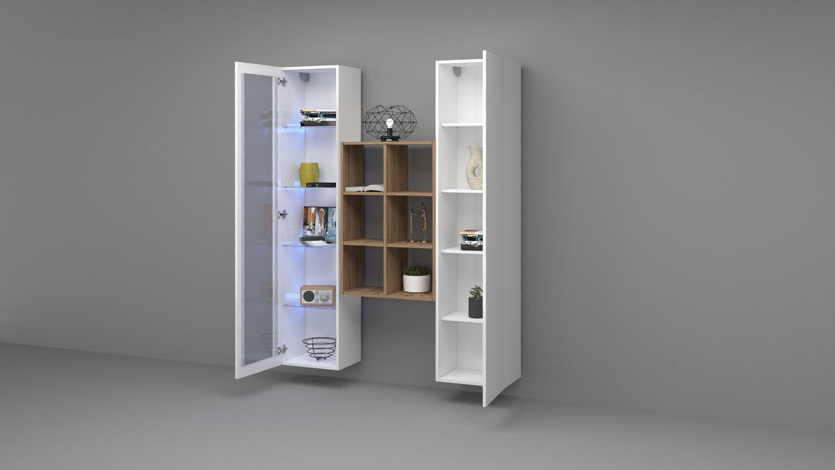 Parete attrezzata ECHO 16 bianco lucido vista angolata con vetrina aperta e libreria in finitura noce #colore_Bianco Lucido