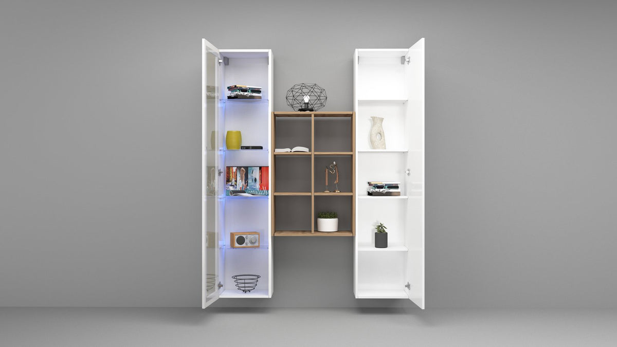 Parete ECHO 16 bianco lucido vista frontale con libreria centrale color noce #colore_Bianco Lucido