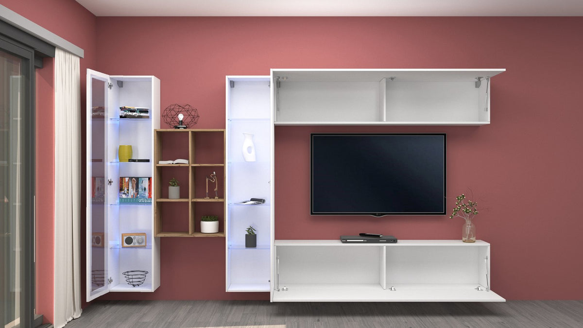 Parete attrezzata ECHO bianco lucido con vetrinetta aperta e moduli a vasistas aperti #colore_Bianco Lucido