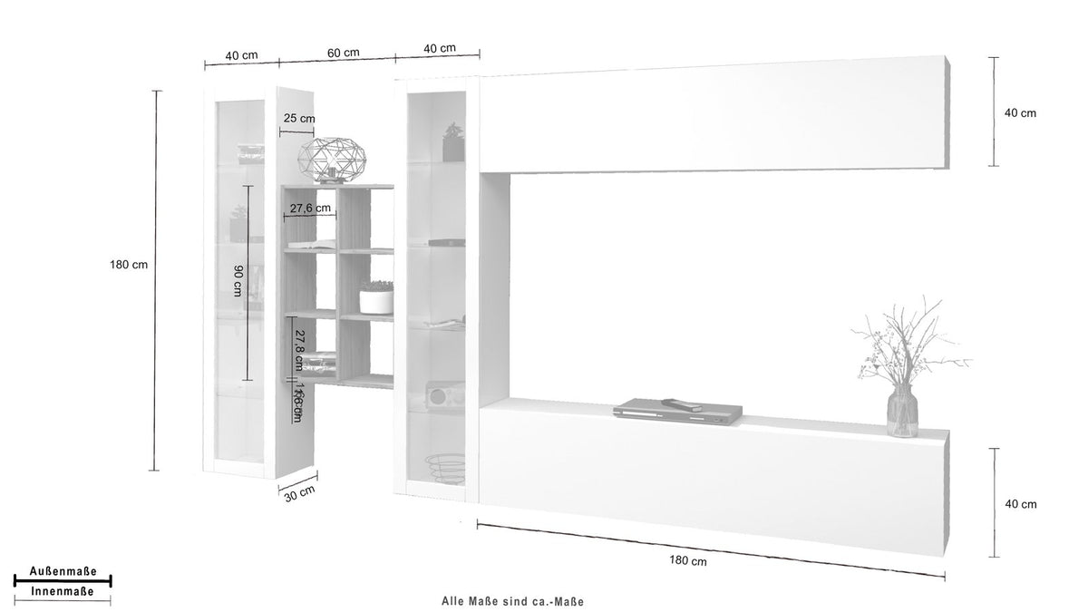 Parete attrezzata ECHO bianco lucido frontale con quote in cm su fondo bianco #colore_Bianco Lucido