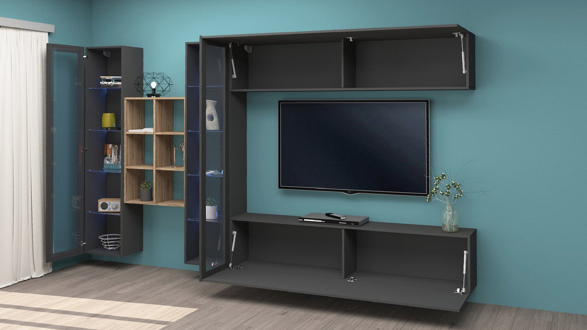Parete attrezzata ECHO antracite opaco con vetrina fumé aperta e modulo TV a vasistas #colore_Antracite Opaco