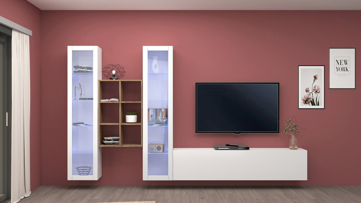 Parete attrezzata ECHO 18 bianco lucido in soggiorno con TV sospesa e pareti rosse #colore_Bianco Lucido