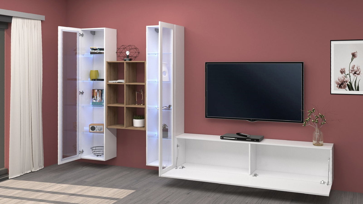 Parete attrezzata ECHO 18 bianco lucido con base aperta e lettore DVD in soggiorno #colore_Bianco Lucido