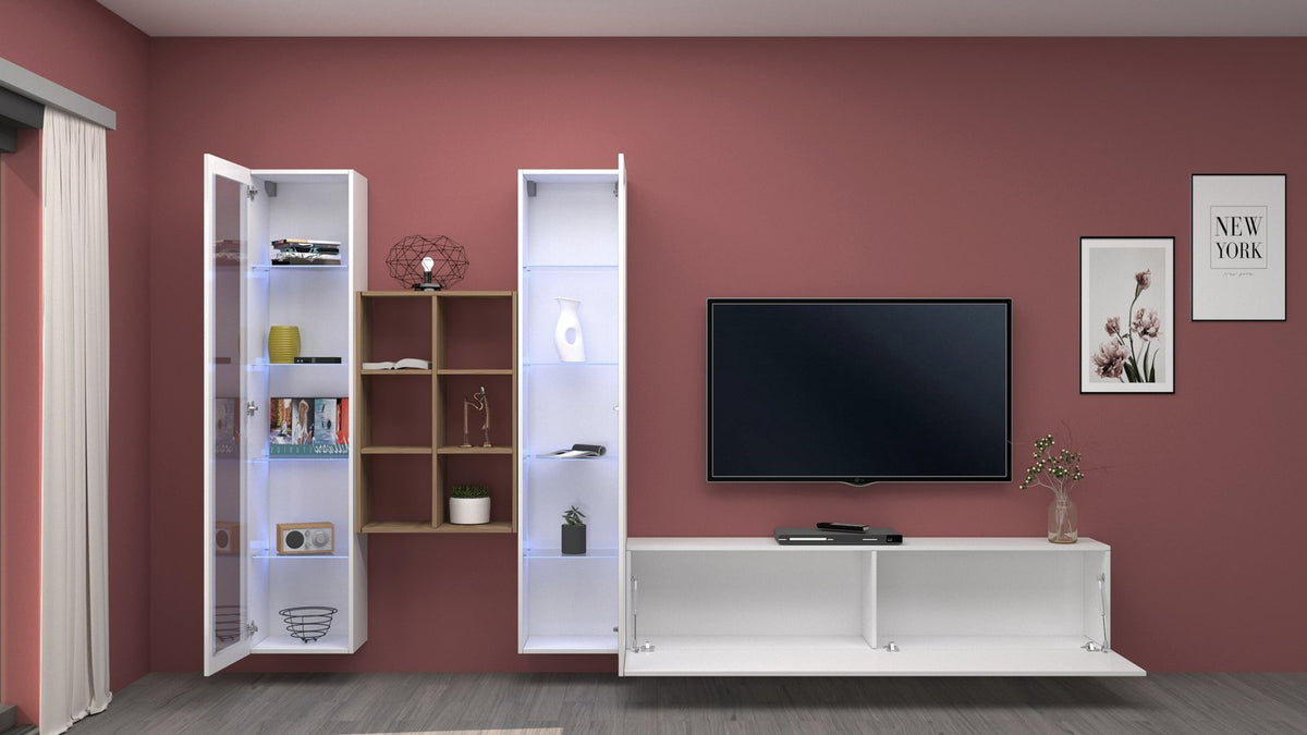 Parete attrezzata ECHO 18 bianco lucido vista frontale con TV e quadro NEW YORK #colore_Bianco Lucido