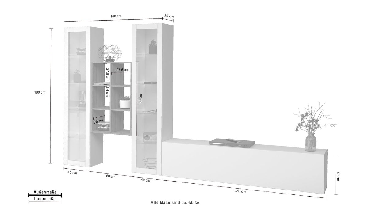Misure della parete attrezzata ECHO 18 bianco lucido: 180 cm di altezza, 140 cm di larghezza #colore_Bianco Lucido