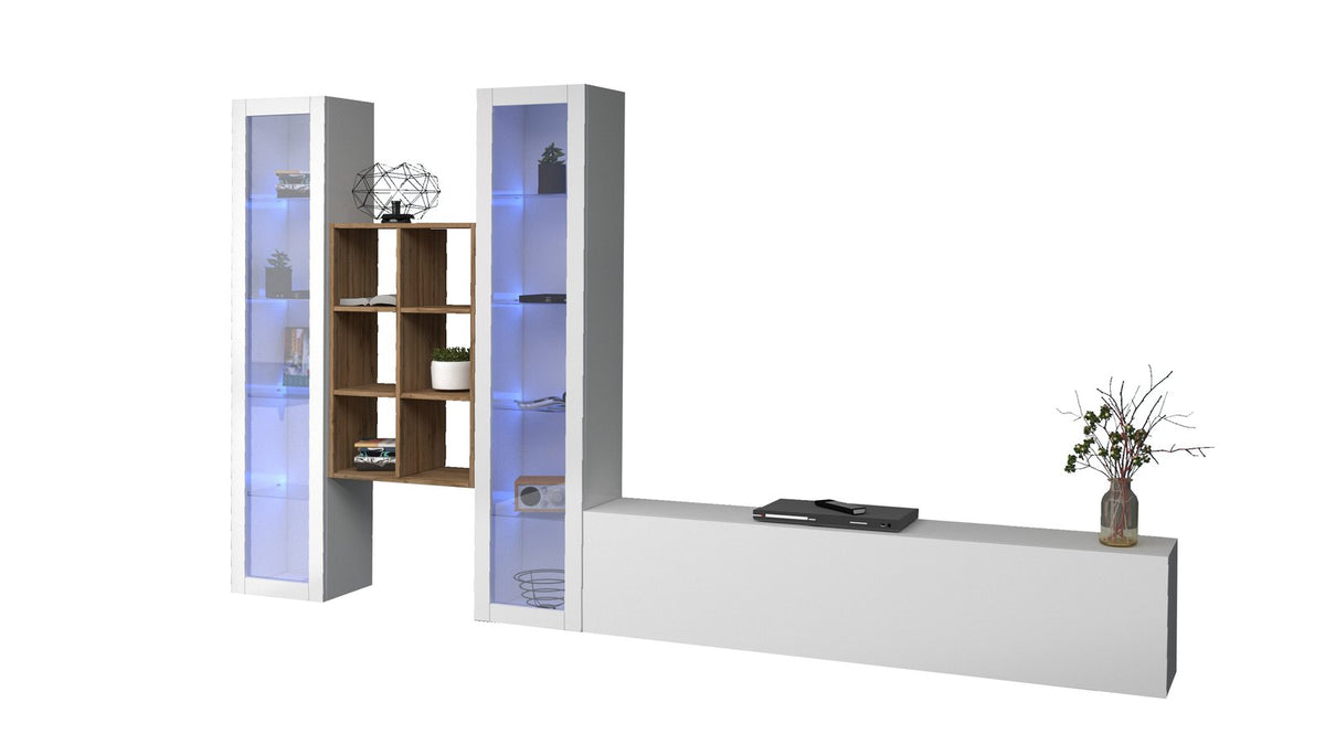 Parete attrezzata ECHO 18 bianco lucido su sfondo bianco, vista a tre quarti con libreria ruotata #colore_Bianco Lucido