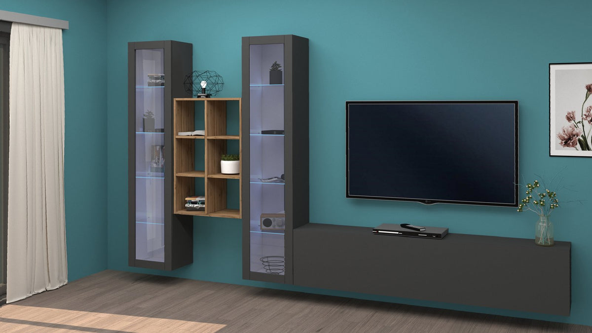 Parete attrezzata ECHO 18 antracite opaco con libreria centrale color rovere e base sospesa #colore_Antracite Opaco