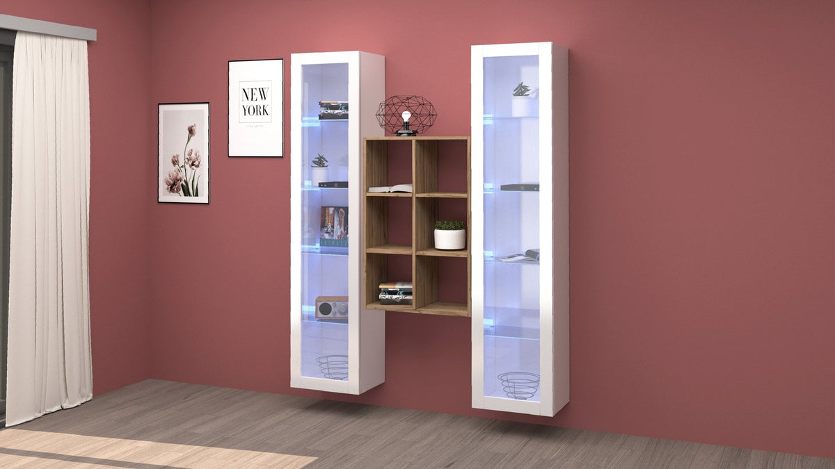 Parete attrezzata ECHO 19 bianco lucido con modulo centrale in legno chiaro, ambientata in soggiorno #colore_Bianco Lucido