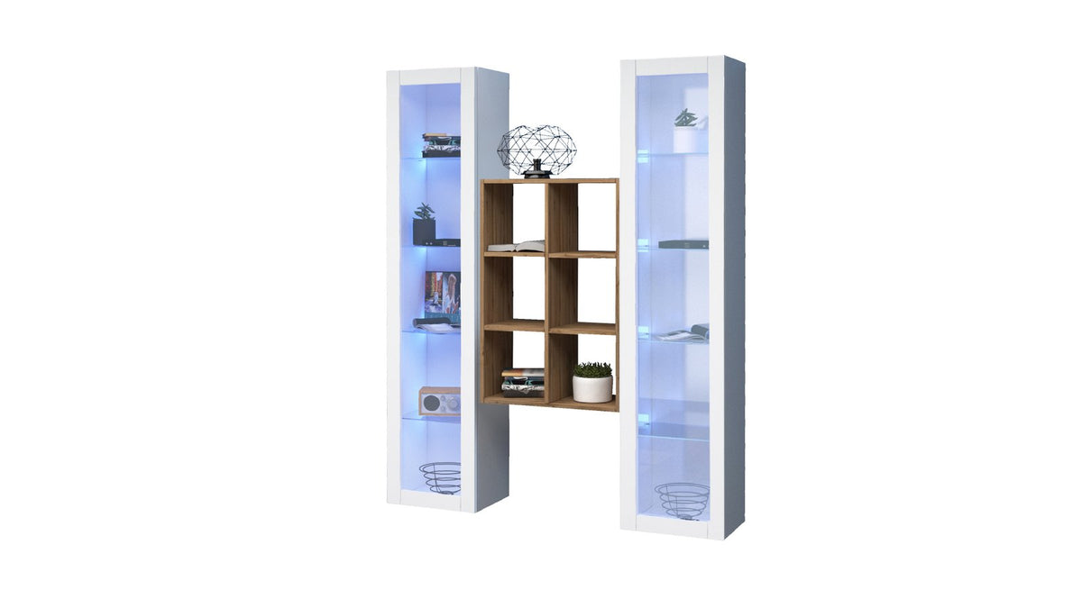 Parete attrezzata ECHO 19 bianco lucido su sfondo neutro con colonne illuminate a LED #colore_Bianco Lucido