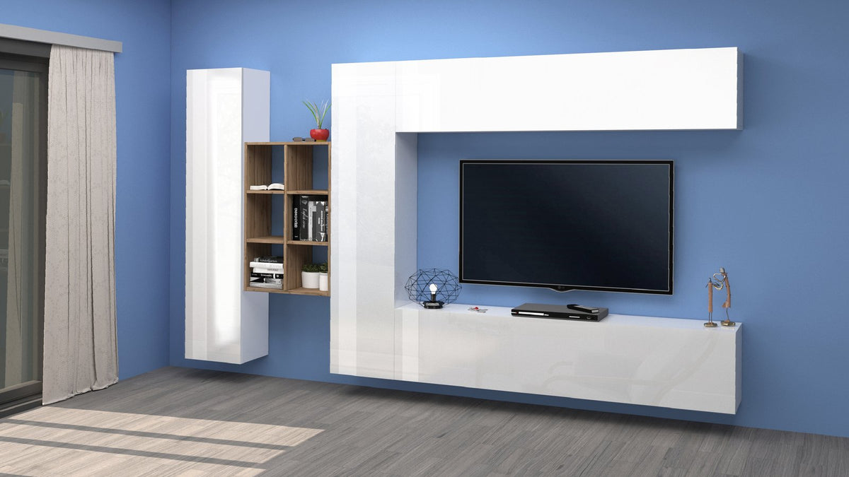 Parete attrezzata ECHO bianco lucido montata su parete blu, vista tre quarti in ambiente domestico #colore_Bianco Lucido