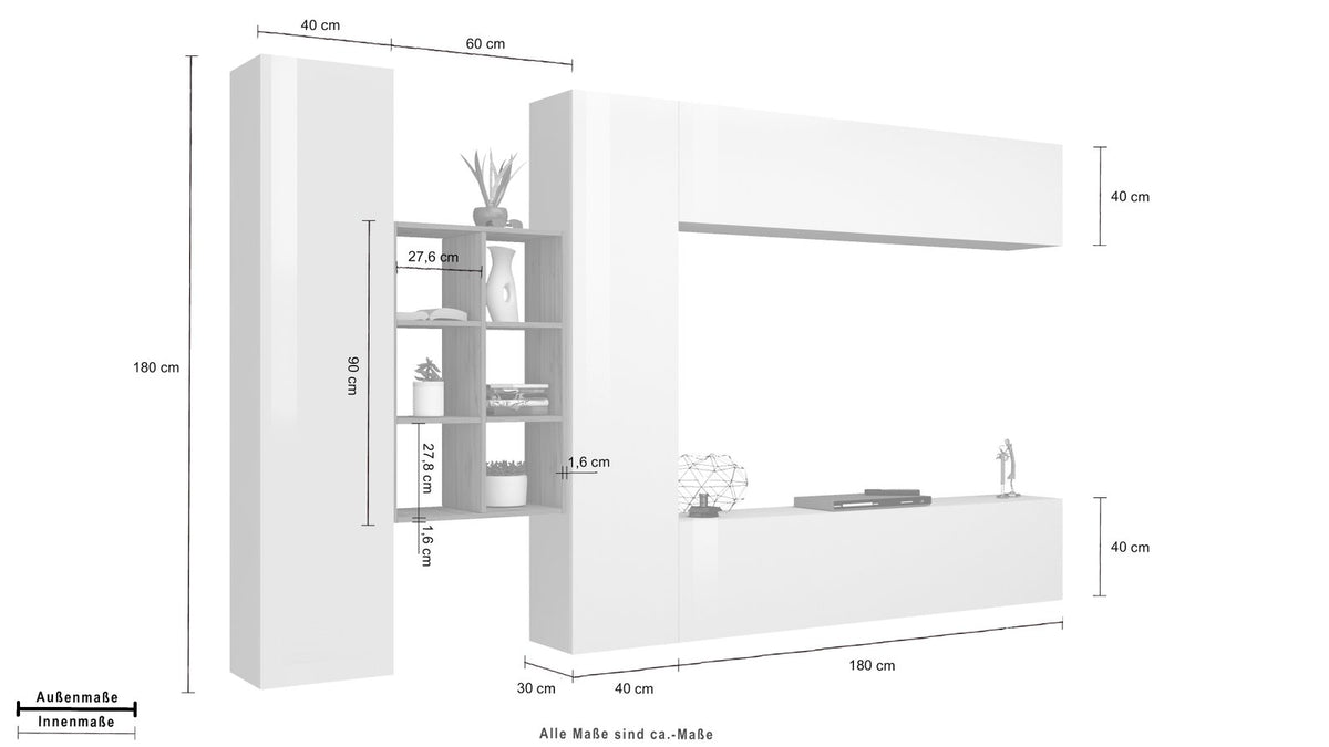 Misure della parete attrezzata ECHO bianco lucido: 180 cm di altezza, 90 cm di libreria centrale #colore_Bianco Lucido