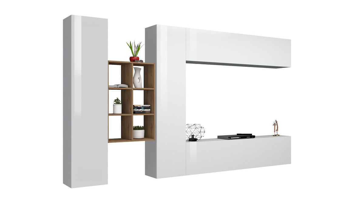 Parete attrezzata ECHO bianco lucido su sfondo bianco, con piante e oggetti decorativi nei vani #colore_Bianco Lucido