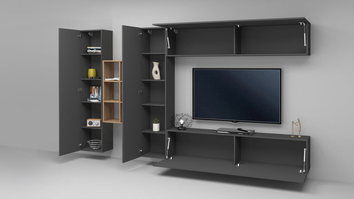 Render della parete attrezzata ECHO antracite opaco con maniglie cromate e ante aperte, vista tre quarti #colore_Antracite Opaco