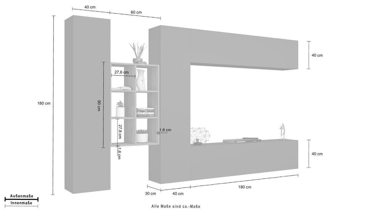 Misure della parete attrezzata ECHO antracite opaco: 180 cm di altezza, 60 cm di libreria centrale #colore_Antracite Opaco