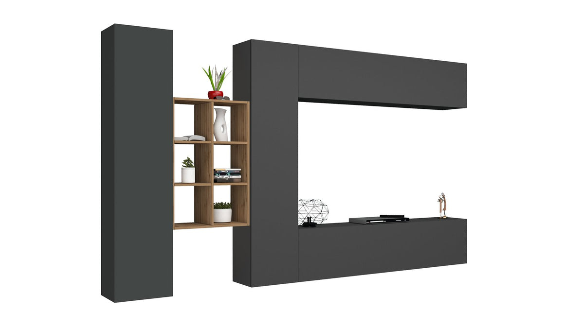 Render della parete attrezzata ECHO antracite opaco con libreria a giorno in finitura noce #colore_Antracite Opaco