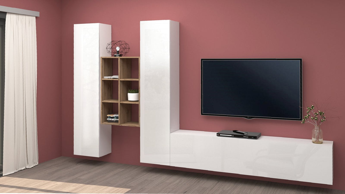Parete attrezzata sospesa ECHO 21 bianco lucido davanti a parete rossa, TV e vano legno #colore_Bianco Lucido