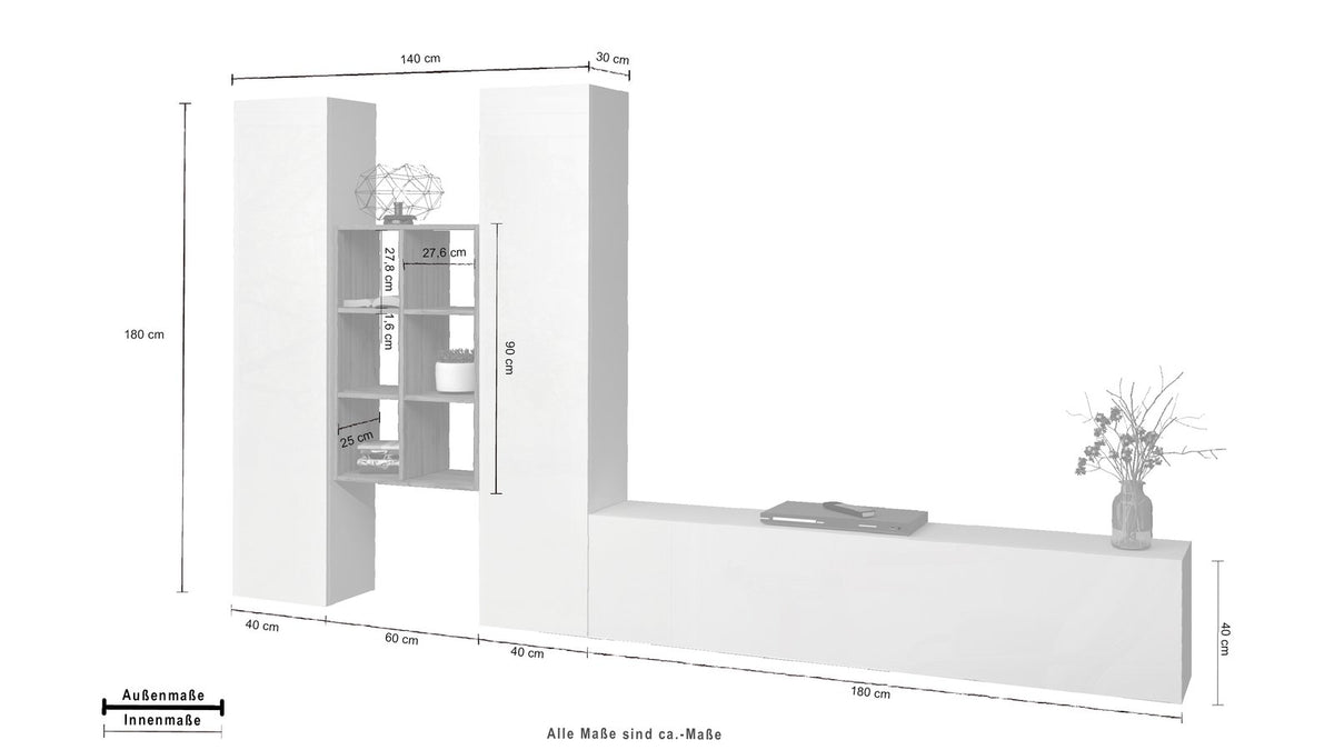 Misure della parete attrezzata ECHO 21 bianco lucido: 180 cm di altezza, 140 cm di larghezza #colore_Bianco Lucido