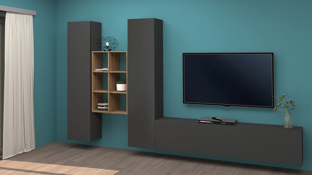 Parete ECHO 21 antracite opaco frontale in soggiorno, libreria a giorno e base sotto la TV #colore_Antracite Opaco