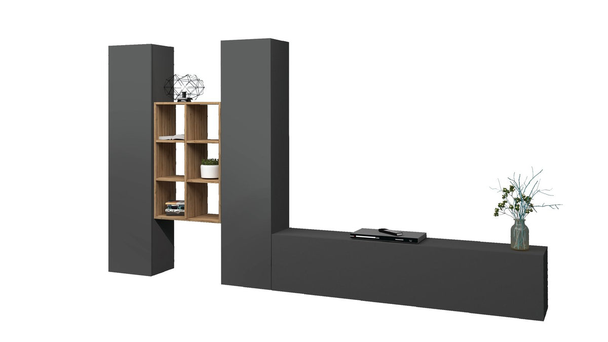 Parete ECHO 21 antracite opaco su fondo bianco con libreria a cubi e lampada geometrica #colore_Antracite Opaco