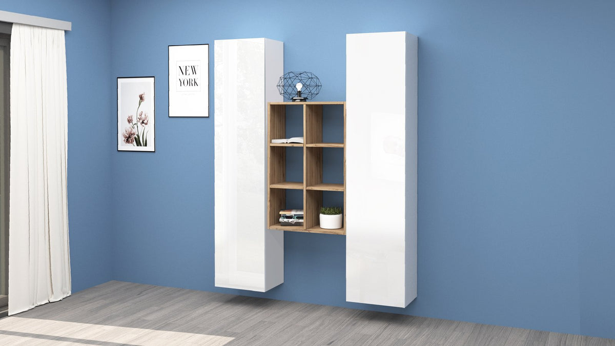Parete attrezzata componibile ECHO 22 bianco lucido in soggiorno con libreria centrale in legno chiaro #colore_Bianco Lucido