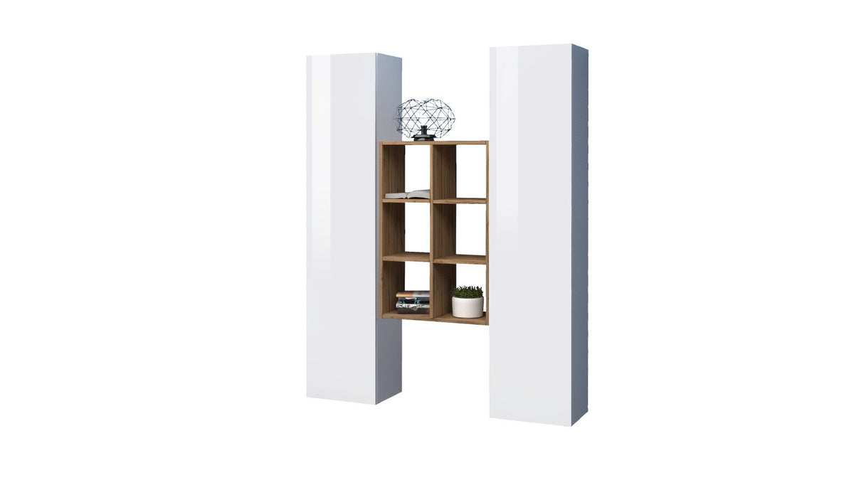 Parete attrezzata componibile ECHO 22 bianco lucido, due colonne bianche e libreria centrale in legno chiaro #colore_Bianco Lucido