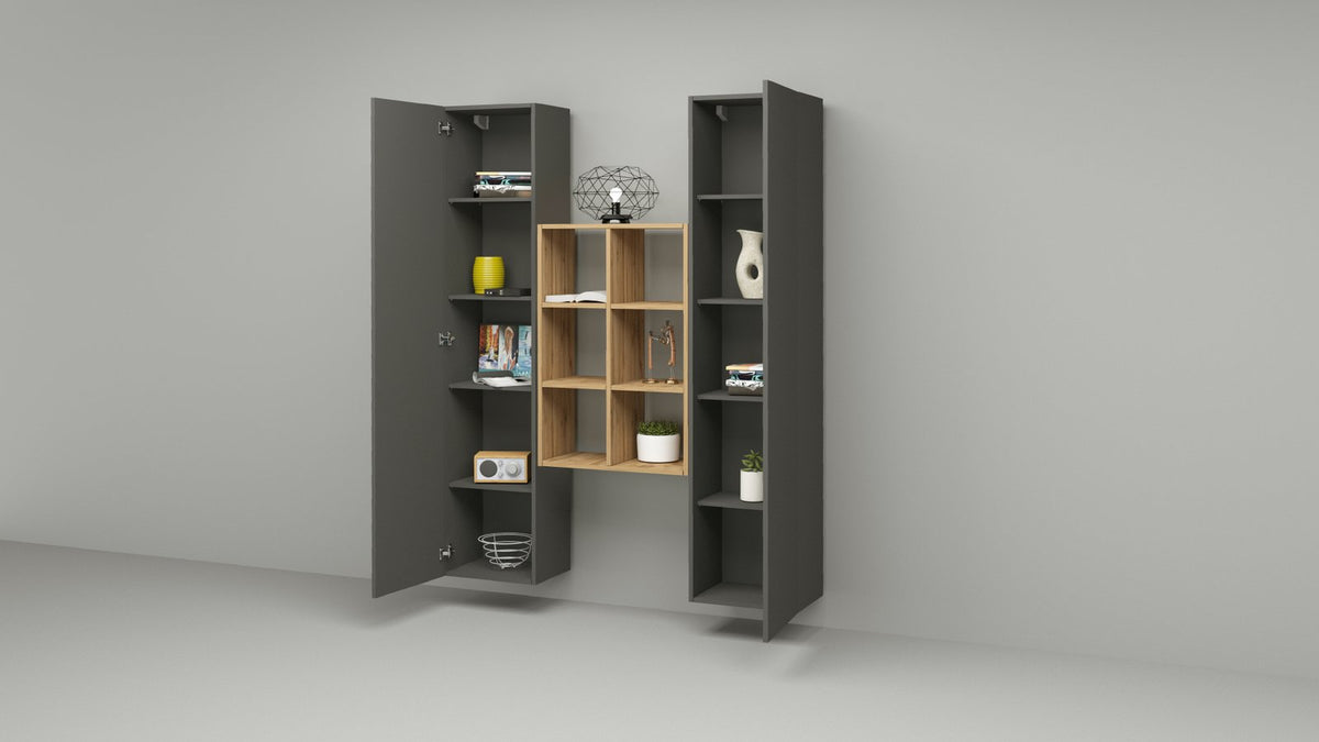 Rendering della parete attrezzata componibile ECHO 22 antracite opaco con libreria rovere a nove vani #colore_Antracite Opaco
