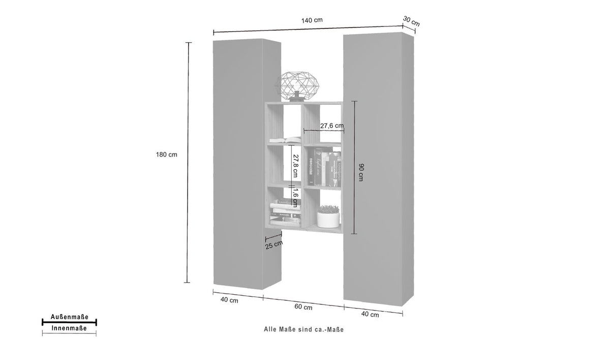 Parete attrezzata componibile ECHO 22 antracite opaco, misure quotate: 140 cm larghezza, 30 cm profondità #colore_Antracite Opaco