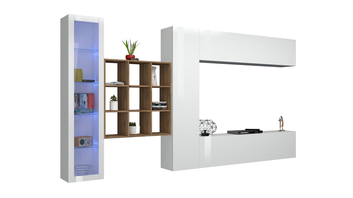 Parete attrezzata ECHO bianco lucido ripresa di tre quarti su sfondo bianco, con vetrina illuminata #colore_Bianco Lucido