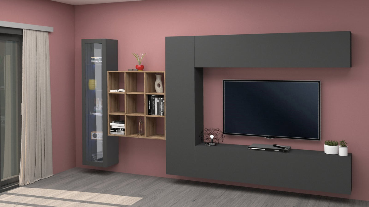 Parete attrezzata ECHO antracite opaco in soggiorno con vetrina sospesa e base porta TV #colore_Antracite Opaco