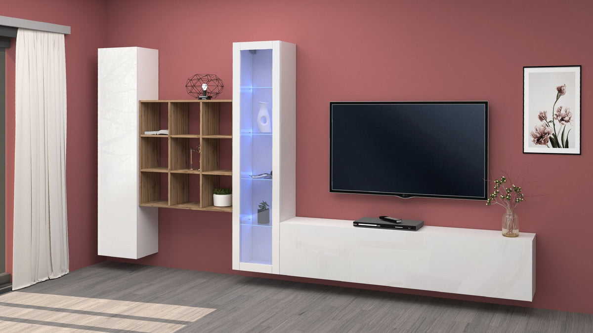 Parete attrezzata ECHO bianco lucido con colonna alta e vetrina LED blu, ambientata in soggiorno #colore_Bianco Lucido