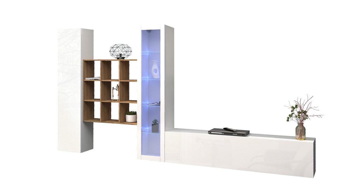 Parete attrezzata ECHO bianco lucido su fondo bianco con libreria a giorno e vetrina illuminata #colore_Bianco Lucido