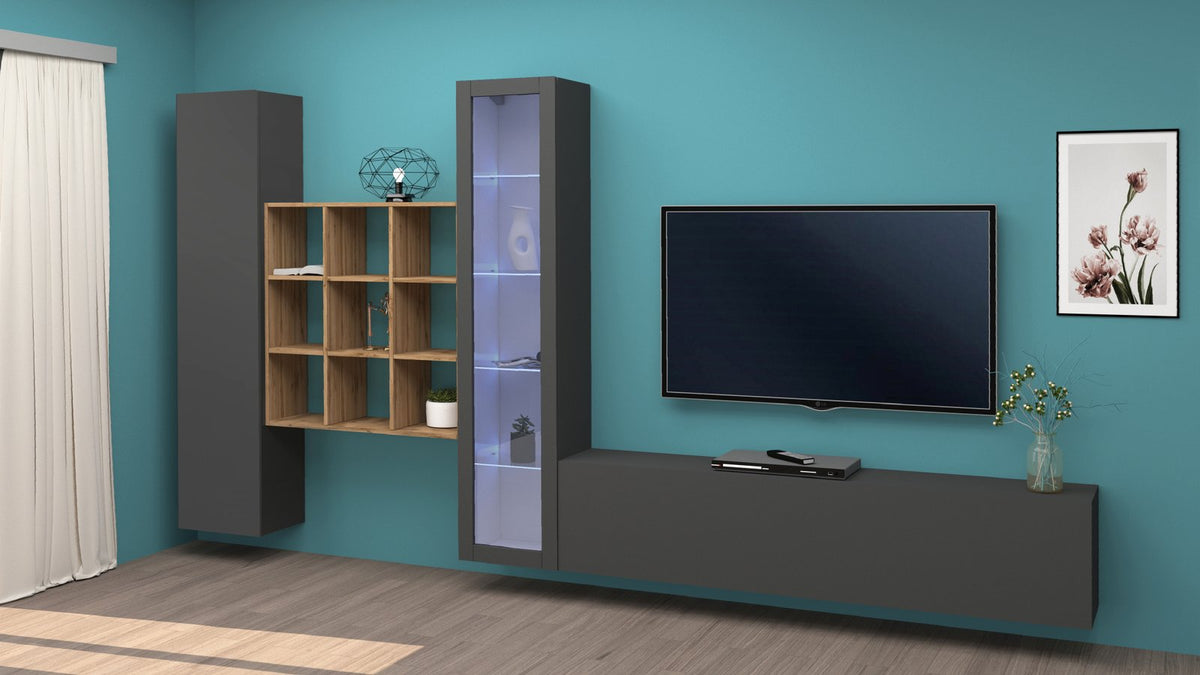 Parete attrezzata ECHO antracite opaco in soggiorno con pensile chiuso e base porta TV a ribalta #colore_Antracite Opaco