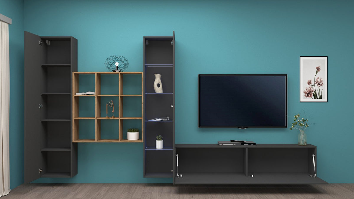Parete ECHO antracite opaco con colonne ad anta e base con ribalta aperta sotto la TV #colore_Antracite Opaco