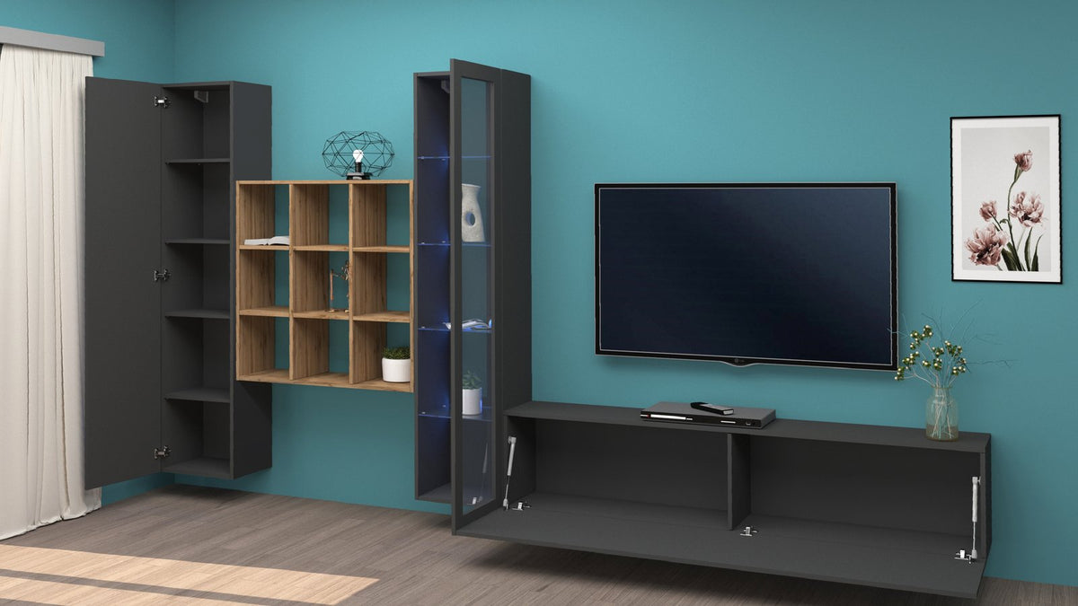 Parete ECHO antracite opaco in soggiorno con libreria a nove vani e ante aperte #colore_Antracite Opaco
