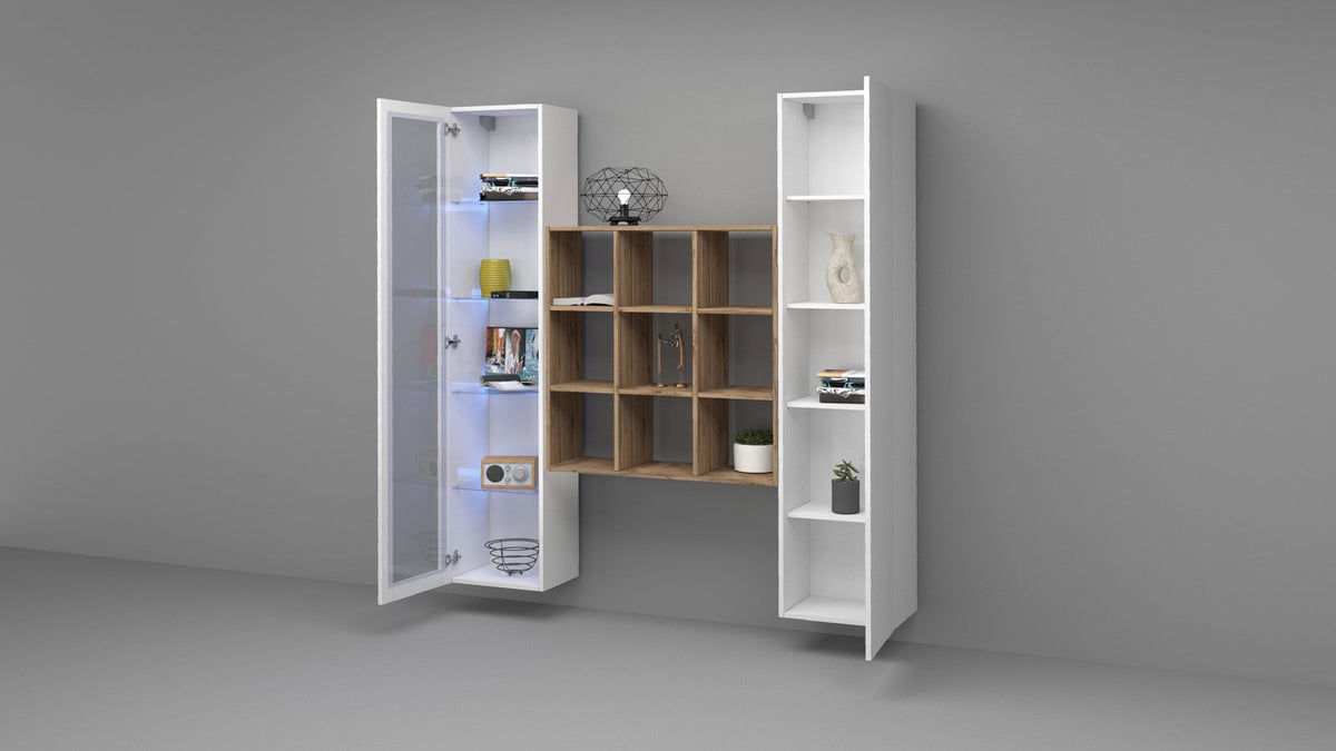 Parete attrezzata ECHO bianco lucido sospesa con modulo centrale in legno chiaro #colore_Bianco Lucido