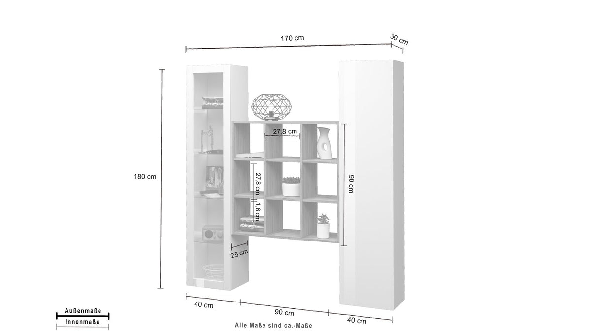 Schema quotato della parete attrezzata ECHO: 170 cm di larghezza, 180 di altezza, 30 di profondità #colore_Bianco Lucido