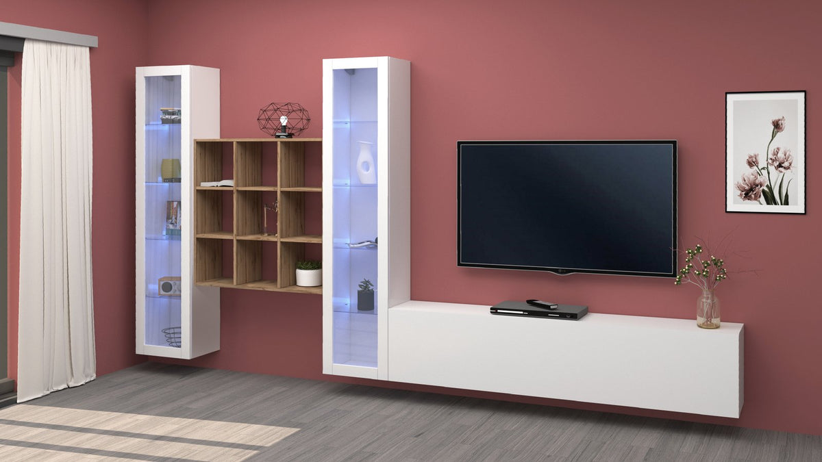 Parete attrezzata ECHO 27 bianco lucido in soggiorno con vetrine illuminate e libreria a ripiani aperti #colore_Bianco Lucido