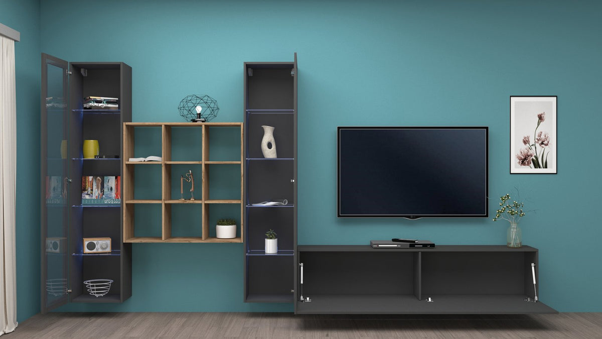 Parete attrezzata ECHO 27 antracite opaco in stanza turchese con libreria a nove cubi #colore_Antracite Opaco