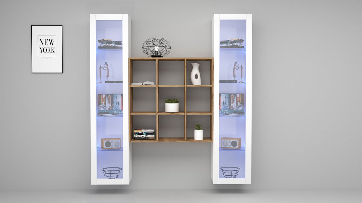 Parete attrezzata ECHO bianco lucido con colonne illuminate in viola e modulo centrale in noce #colore_Bianco Lucido