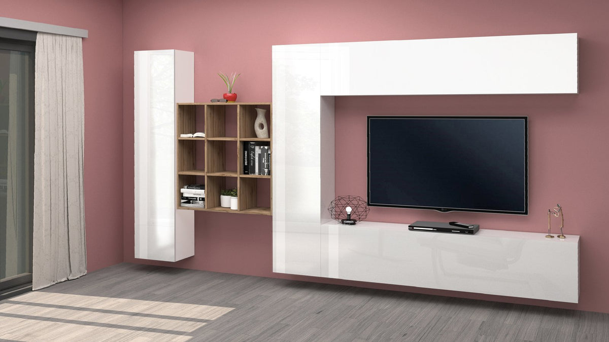 Parete attrezzata ECHO 29 bianco lucido in salotto, con TV appeso e libreria a vani aperti #colore_Bianco Lucido