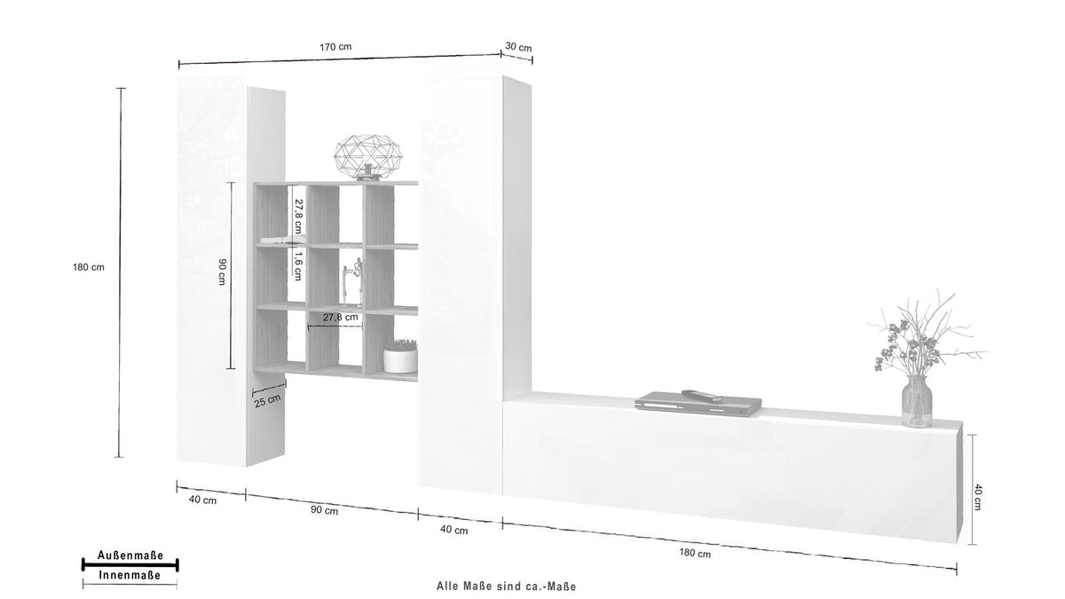 Misure della parete attrezzata ECHO 30 bianco lucido: 180 cm di larghezza, 170 cm di altezza #colore_Bianco Lucido