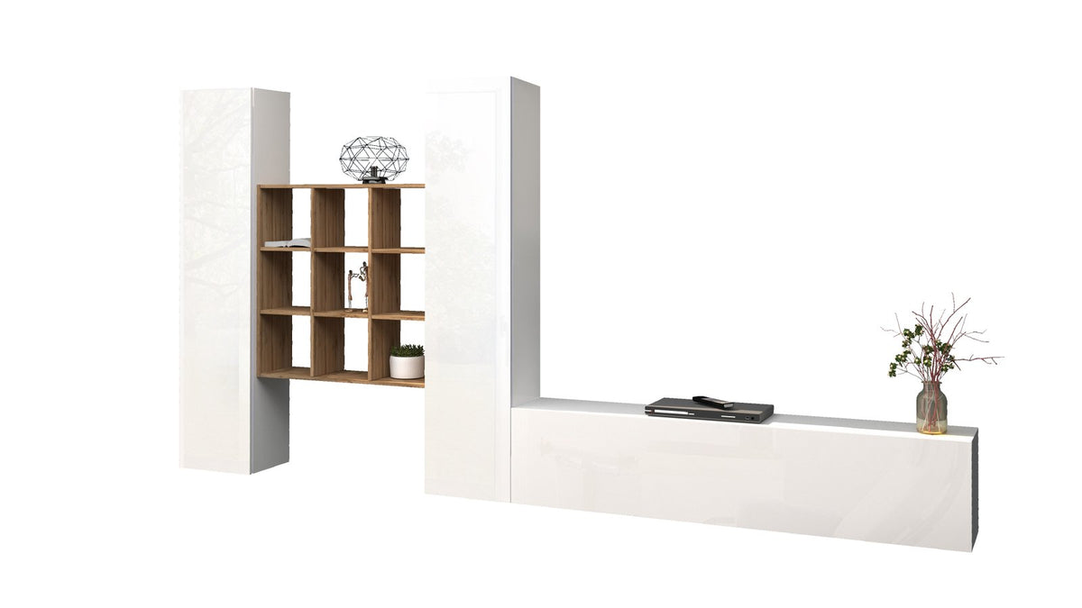Parete attrezzata ECHO 30 bianco lucido su sfondo bianco, colonne laterali, libreria centrale e ribalta #colore_Bianco Lucido
