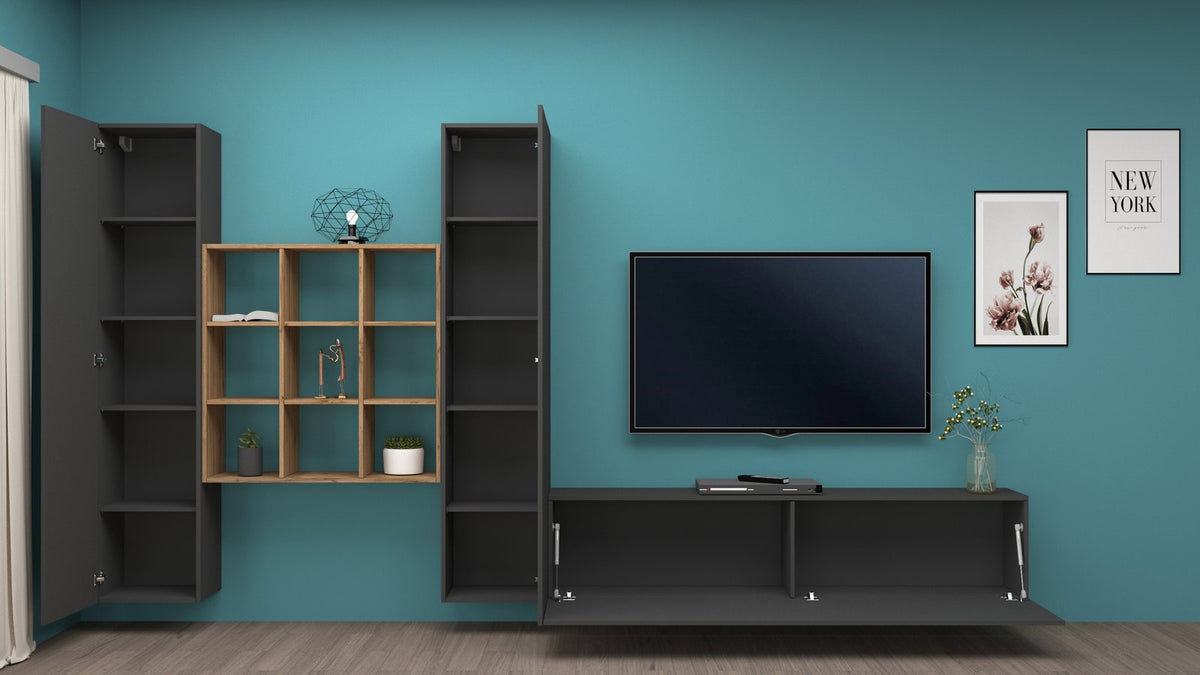 Parete attrezzata ECHO 30 antracite opaco frontale con libreria centrale e TV sopra base a ribalta #colore_Antracite Opaco