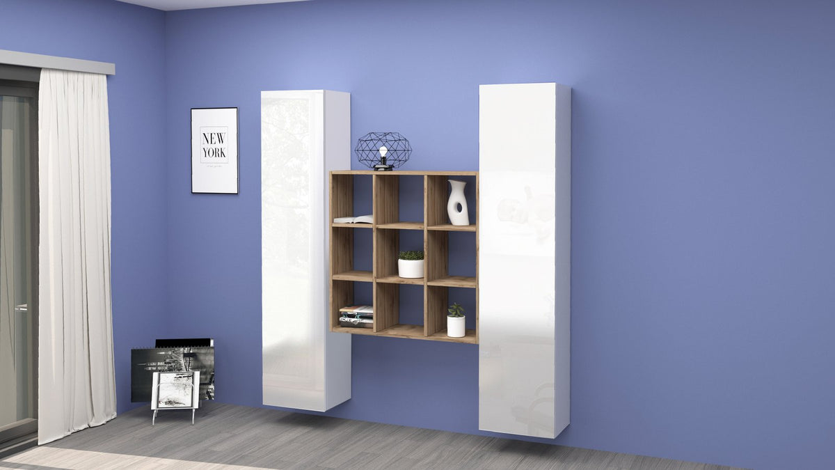 Parete attrezzata ECHO bianco lucido con libreria centrale a giorno, davanti a parete viola #colore_Bianco Lucido