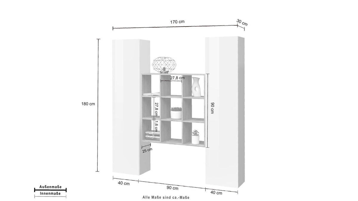 Misure della parete attrezzata ECHO: 170 cm di altezza, 180 cm di larghezza #colore_Bianco Lucido