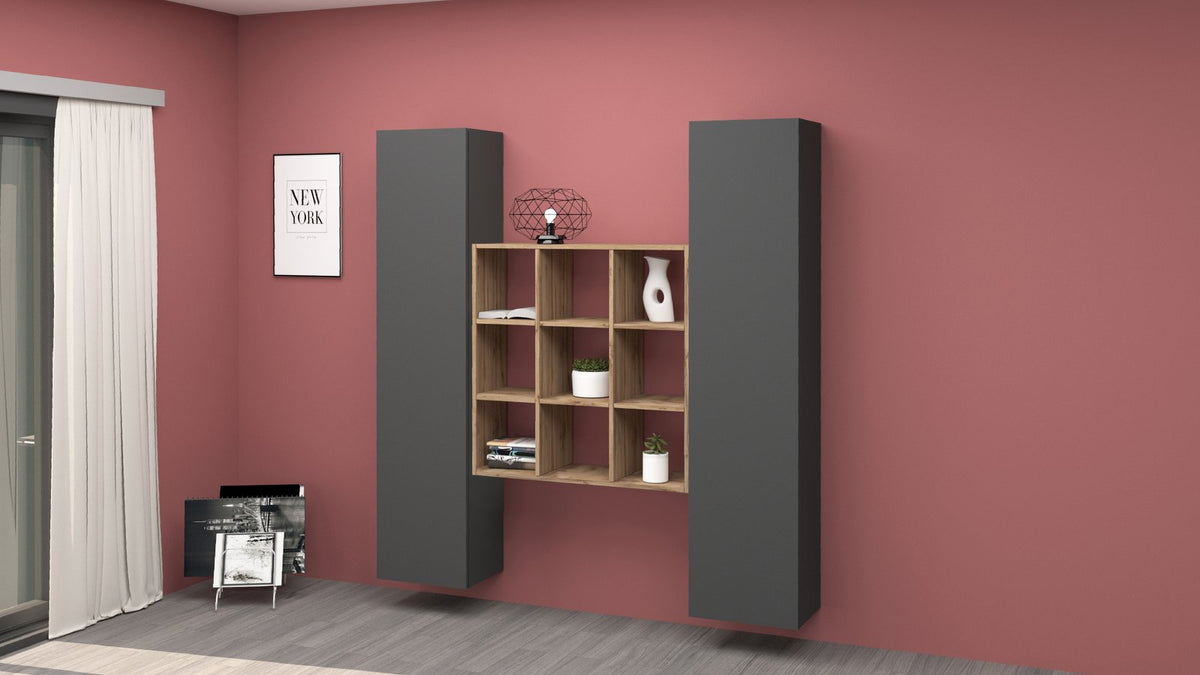 Parete attrezzata ECHO antracite opaco con libreria centrale in rovere, ambientata in soggiorno rosso #colore_Antracite Opaco