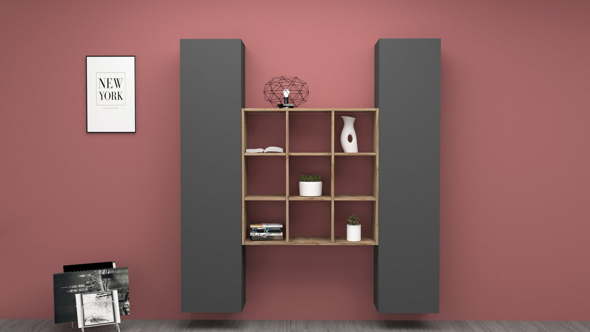 Parete attrezzata ECHO antracite opaco con libreria centrale aperta a 9 vani, vista frontale #colore_Antracite Opaco